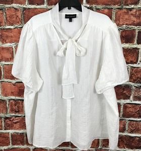 Lane Bryant Crinkle White Tie Neck Button Up Size 28 Women's Blouse Top